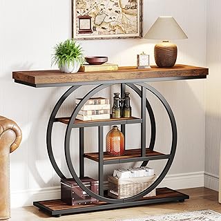 Tribesigns Console de Style Industriel de 105 cm, à 4 Niveaux avec Base Circulaire, étroite en Bois avec étagères de Rangement pour Salon et Couloir (Marron Rustique)