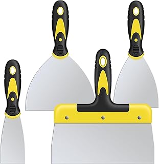 Lot de 4 spatules en acier inoxydable avec poignée en plastique, spatule pour peinture sur papier peint et mur (50 mm, 100 mm, 150 mm, 200 mm)