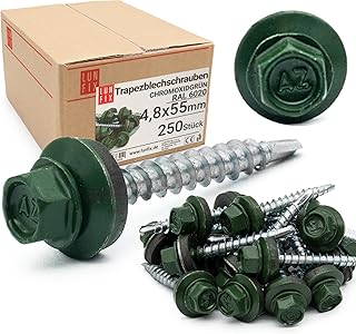 250x Vis autoforeuse metal 4,8x55 mm | RAL 6020 vert olive foncé | vis autoperforante avec rondelles metal | vis à bois, vis bac acier, tirefond | Lun Fix