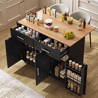 Desserte îlot de Cuisine sur roulettes, Meuble de Cuisine avec Plans de Travail Rabattable, Porte-torchons, 2 Tiroirs, 3 Portes avec Rangement (1 avec étagère Range), 129x71x91,5cm, Noir