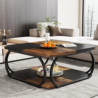 Tribesigns Table Basse Carrée pour Salon, 100 x 100 x 50 cm, Table de Salon Bois, Industriel Table Basse pour Salon, Marron Rustique & Noir