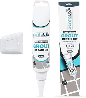 PentaUSA Joint Carrelage - Colle Carrelage, Joint Salle de Bain, Remplissage Répare et Renouvelle, Mortier Pour du Carrelage, Kit Reparation Carrelage - Avec Spatule (250g - Blanc)